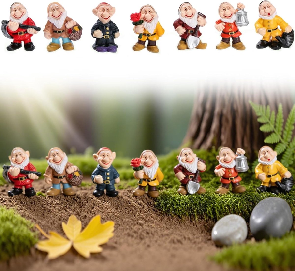 SnelShoppen - Set van 7 Mini Tuinelfjes 4,5 cm | Weerbestendige Hars Tuindecoratie | Grappige Miniatuur Dwergen voor Tuin, Balkon, Patio en Tafel