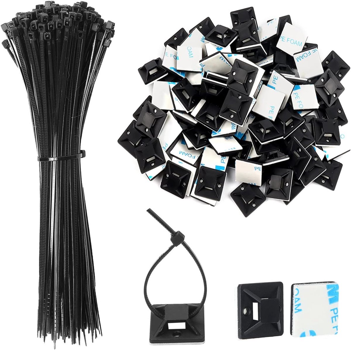SnelShoppen - Pack van 200 Zelfklevende Kabelbinders en Bevestigingsbeugels, Multifunctionele Kabel Tie Set, 100x Kabelbeugels 18x18mm en 100x Kleine