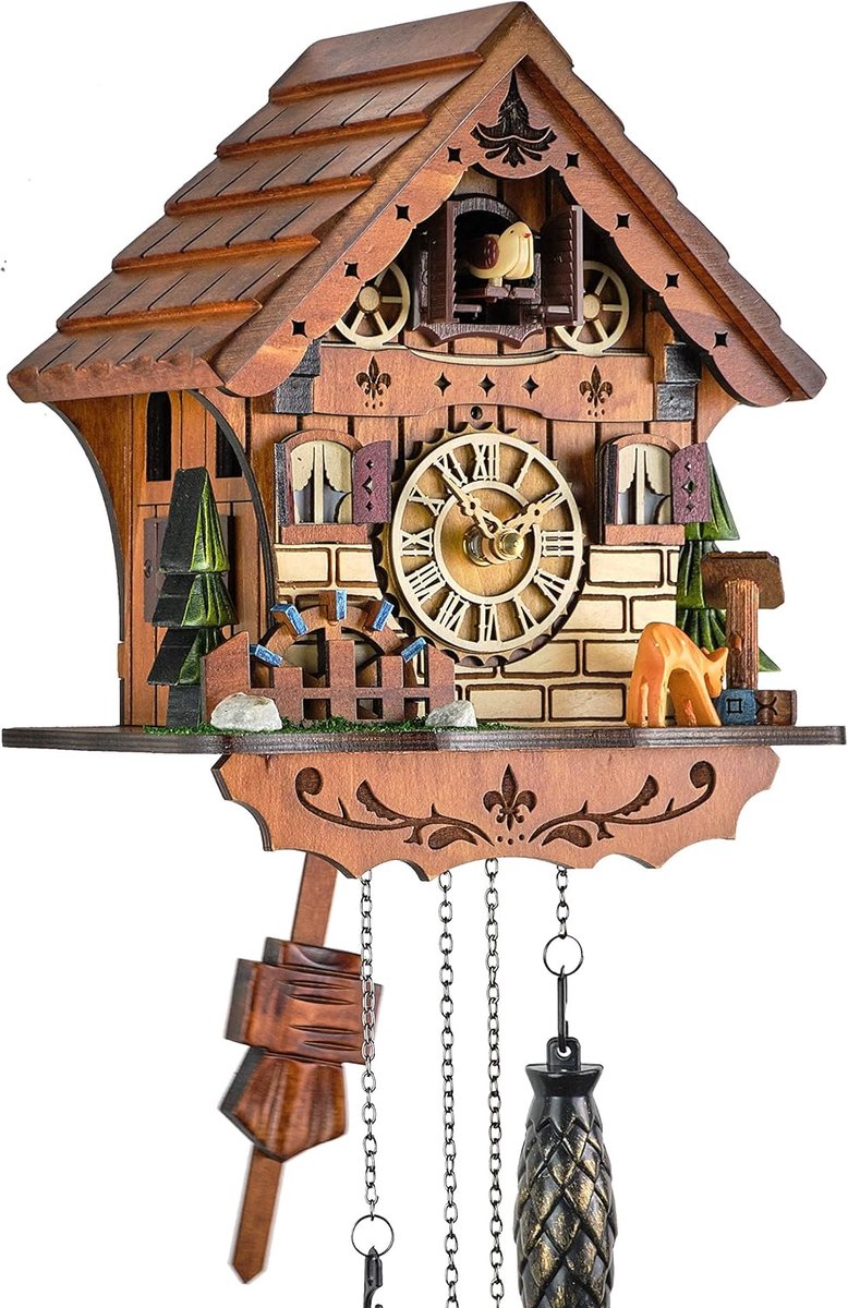 SnelShoppen - Houten Kookoo Klok met Muziek - 23cm - Batterij Aangedreven Quartz Beweging - Zwart Woud Huis met Lichtsensor en 12 Melodieën