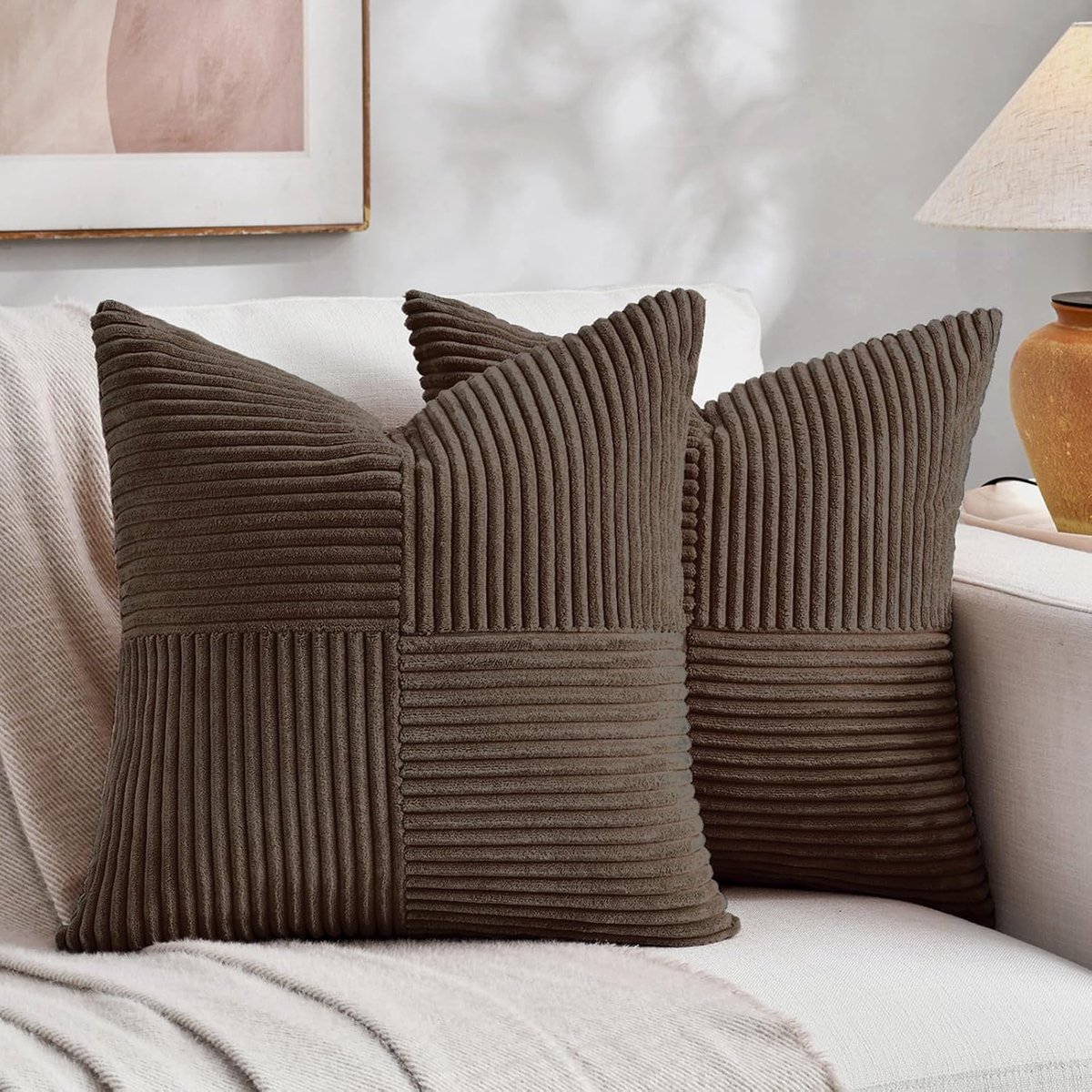 SnelShoppen - Set van 2 Donkerbruine Corduroy Kussenhoezen 70 x 70 cm, Zachte Moderne Decoratieve Kussens, Sofa Kussen, Boho Kussen voor Woonkamer, Sl