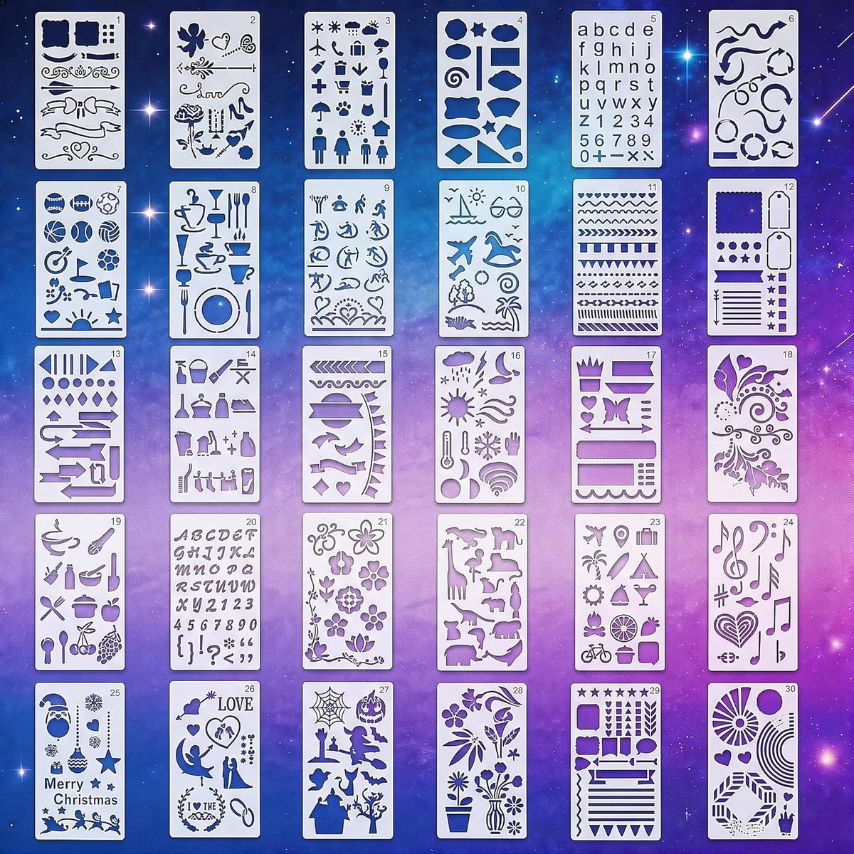 SnelShoppen - 30 stuks sjablonen voor bullet journal, herbruikbare kunststof tekensjablonen, ideaal voor planners, dagboeken, verzamelalbums, DIY, 10,