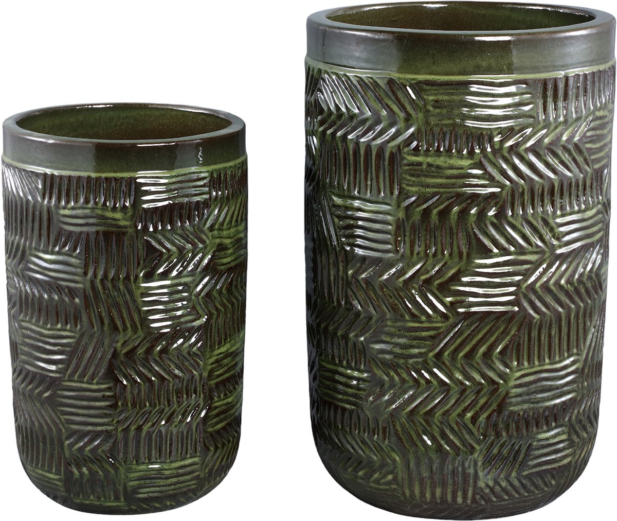 PTMD Nikko Dark Green Ceramic Pot Round Pattern Set Of2