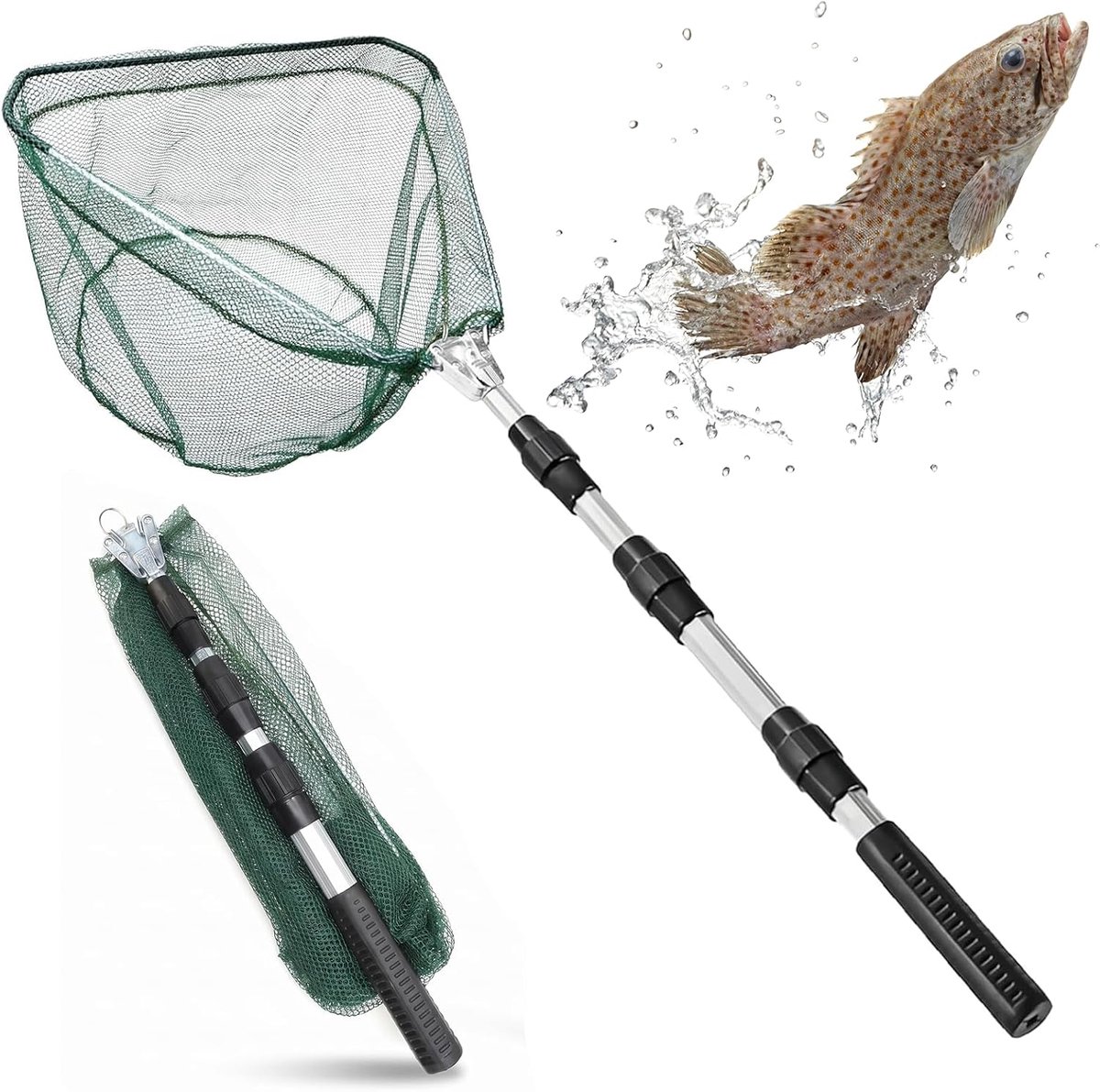 Visnet Opvouwbaar - Schepnet Telescopisch - Vissen Vangen - Scheurbestendig Nylon Net - 125 cm - Groen