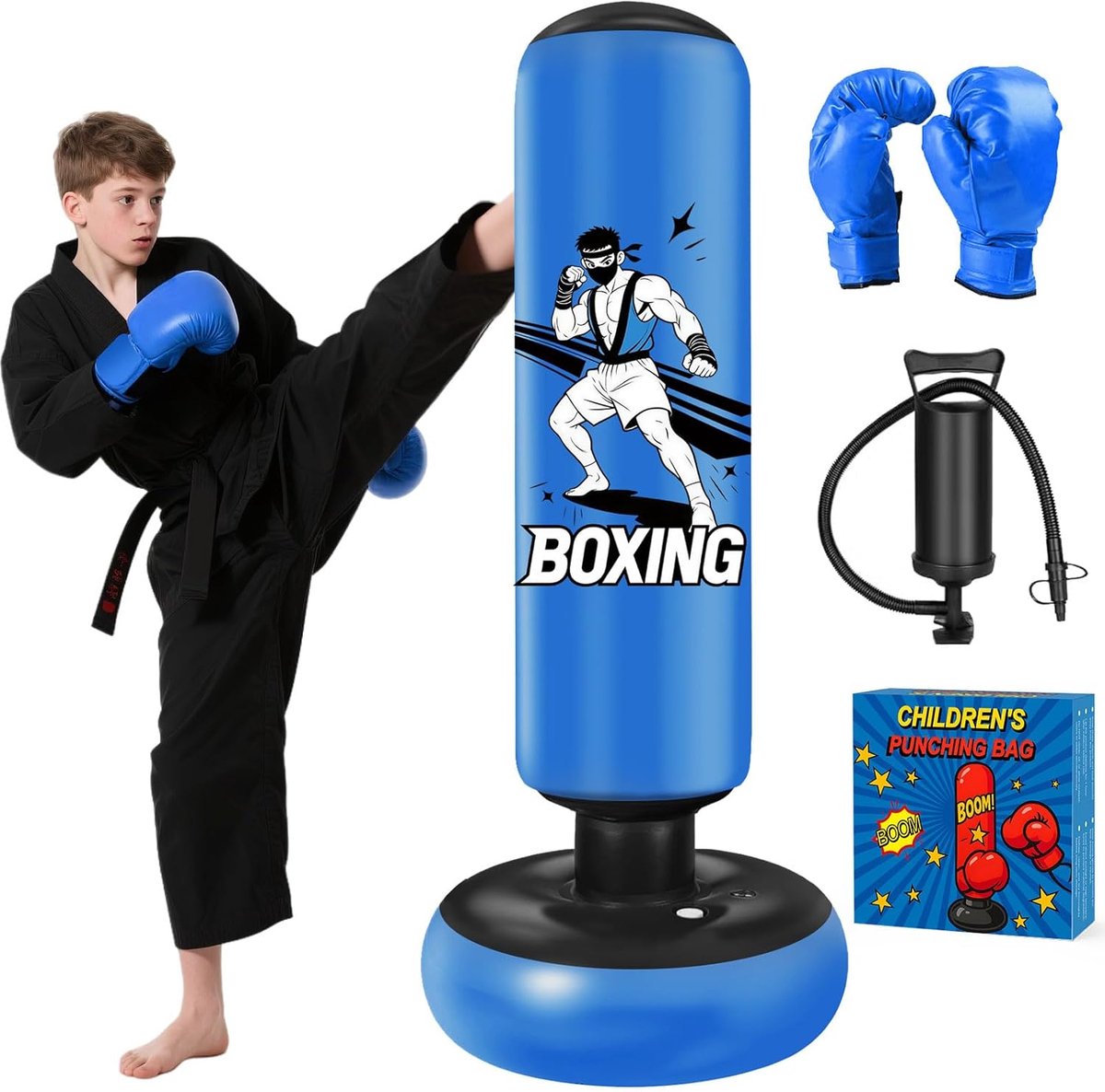 SnelShoppen - 168 cm Vrijstaande Bokszak met Handschoenen voor Kinderen - Stabiele Punching Ball voor Karate, Kickboksen, MMA, Taekwondo - Ideaal Cade