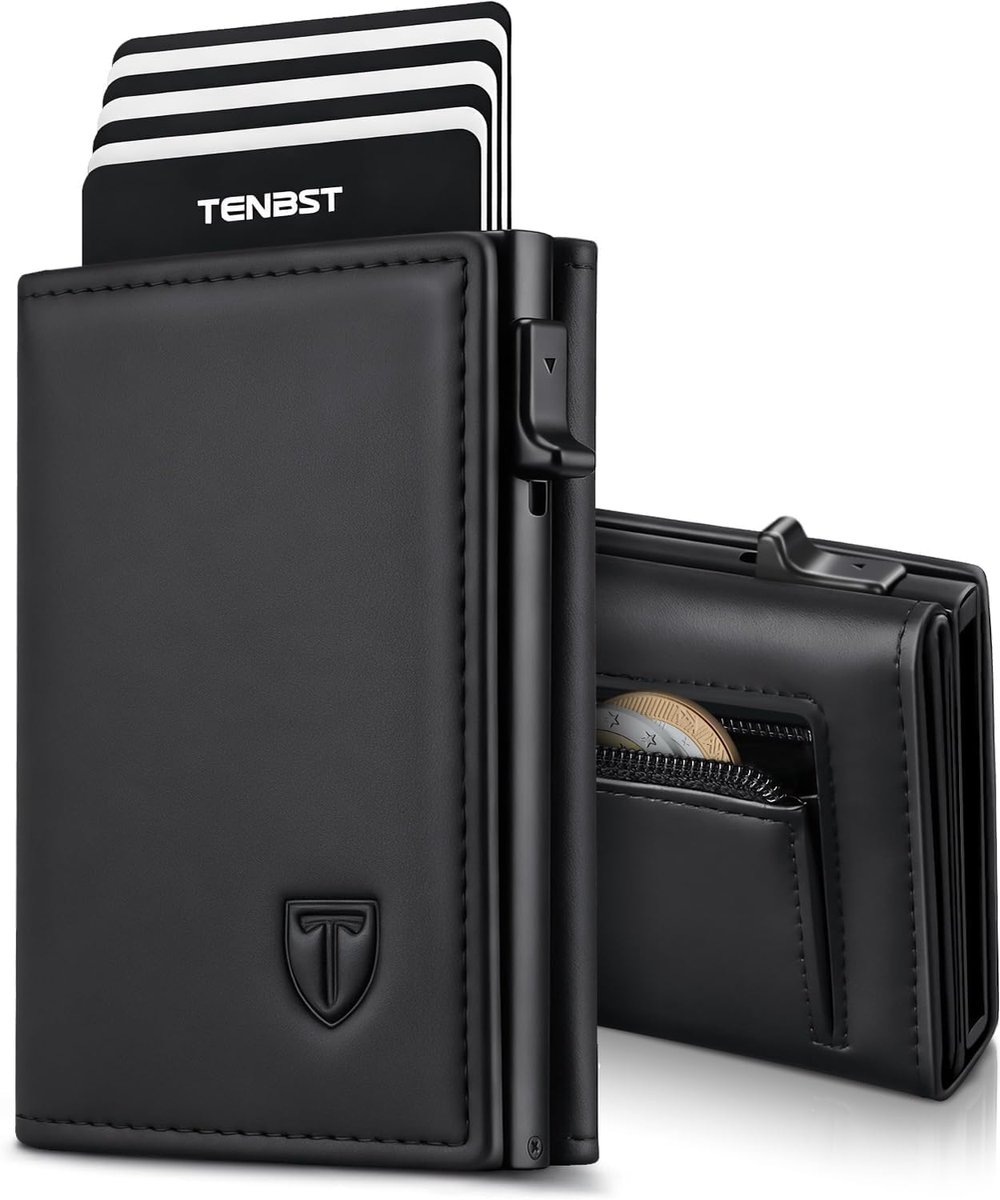 SnelShoppen - Heren Portemonnee Zwart - Compact 10+ Kaarten, RFID Bescherming, Pop-Up Design, Ideaal voor Dagelijks Gebruik, 10x7.3x2.5cm