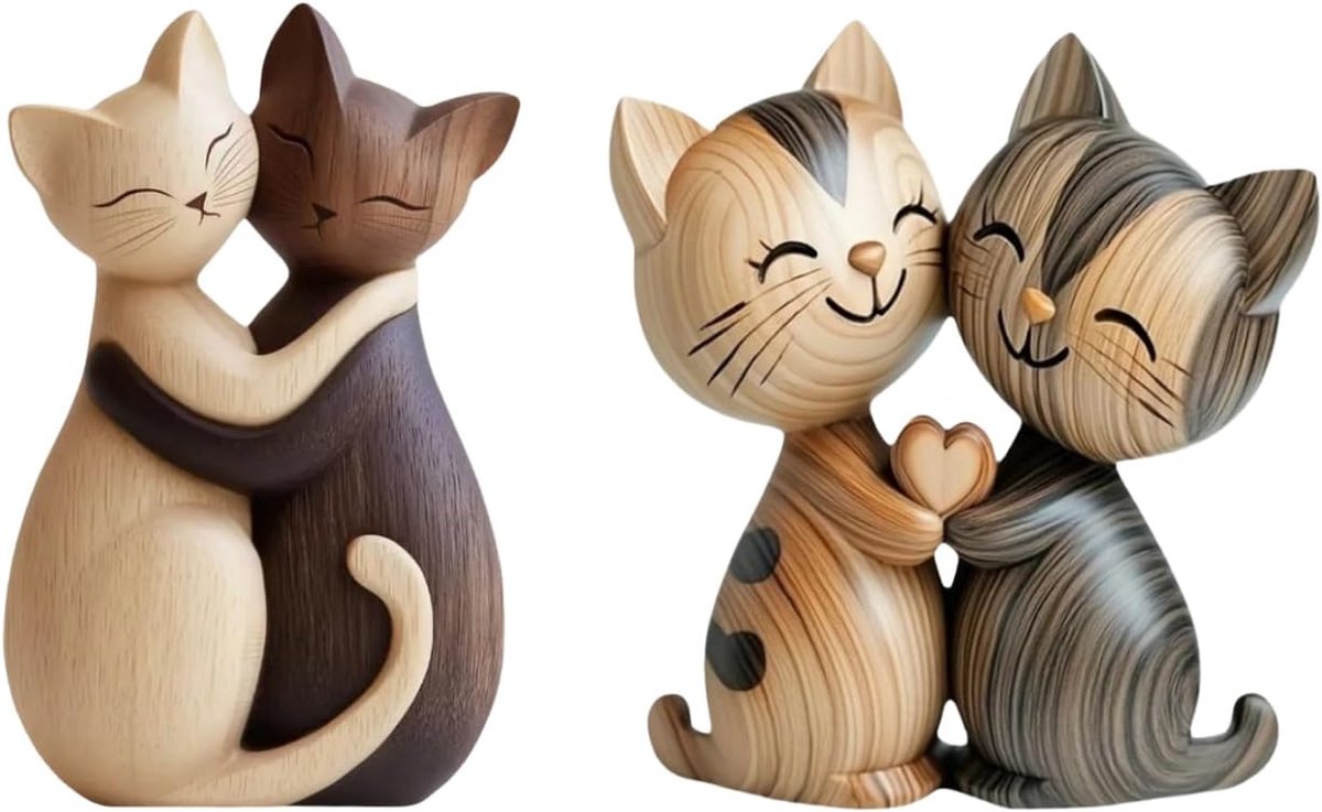 SnelShoppen - 2 Stuks Houten Kat Sculptuur, 2D Desk Decoratie, Schattige Houten Kat Ornamenten, Thuis en Kantoor Decoratie, Persoonlijk Verjaardagscad