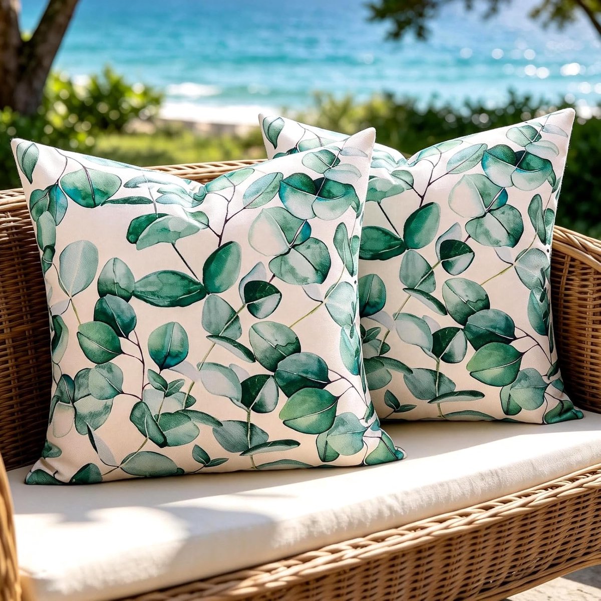 SnelShoppen - 50 x 50 cm Weerbestendige Kussenhoezen met Eucalyptusblad - 2 Stuks Decoratieve Kussens voor Woonkamer, Sofa en Slaapkamer - Ideaal voor