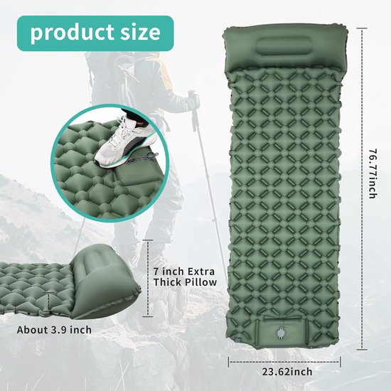 SnelShoppen - Zelfopblazende Ultralichte Slaapmat 195x60x5 cm, Campingmat met Drukpomp, Groen, 500 kg Draagvermogen, Ideaal voor Kamperen en Buitenact van Snelshoppen — afbeelding 2