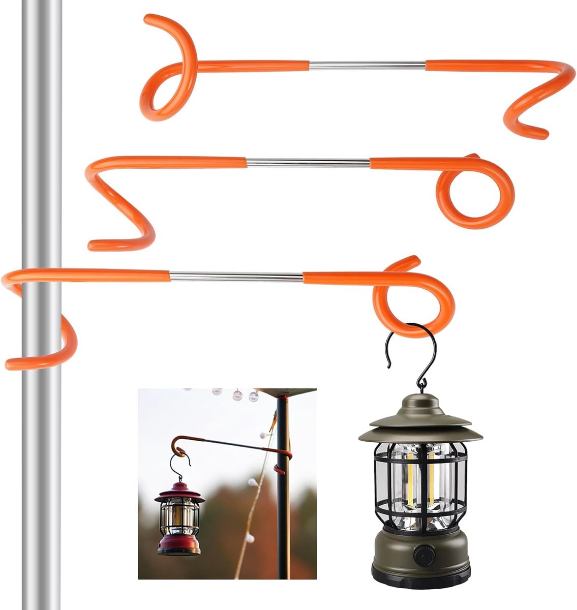 SnelShoppen - 3x Dubbele Camping Lantaarn Haken voor Tentstokken | Multifunctionele Haak voor Lantaarns, Kettles, Afvalzakken | Rvs & Rubber, Stevig e