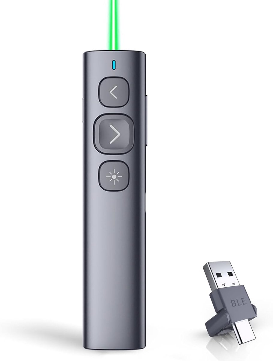 SnelShoppen - Draadloze Presentatie Clicker met USB AC Ontvanger, Oplaadbare PowerPoint Presenter, Slide Clicker voor PC/Laptop/iPad/Mobile, Groen