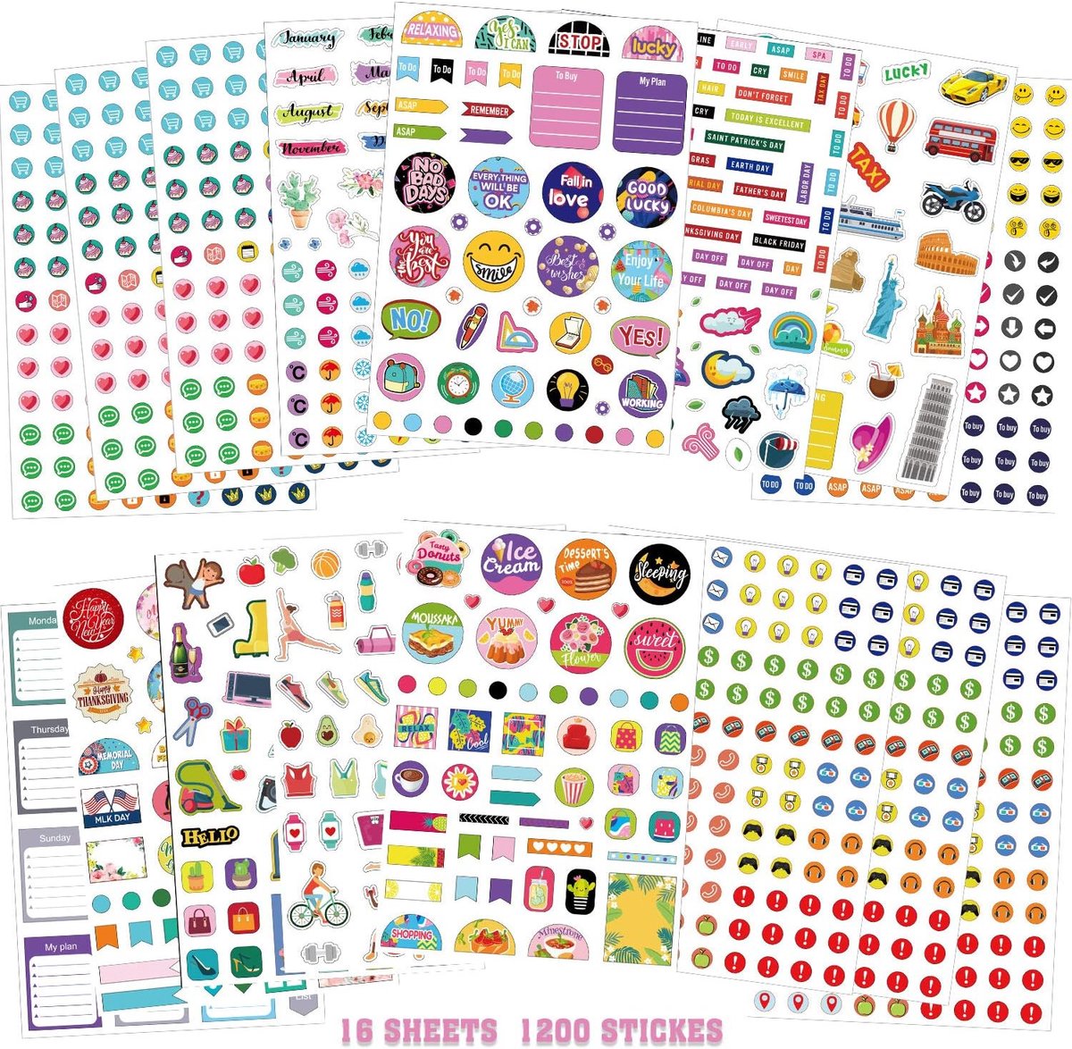 SnelShoppen - 16 Bladen Planner Set met Meer dan 1200 Mini Symbolen, Dagelijkse Stickers, Meerdere Maandtabs voor Volwassenen, DIY Kalender, Werkplann