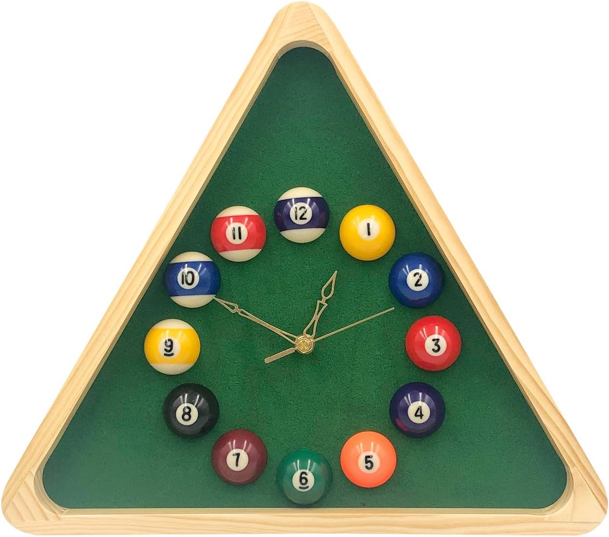 SnelShoppen - Billiard Wandklok 35cm - Triangle Pool Table Klok van Massief Hout met Echte Biljartballen - Perfect voor Biljartkamer, Poolruimte, Spee