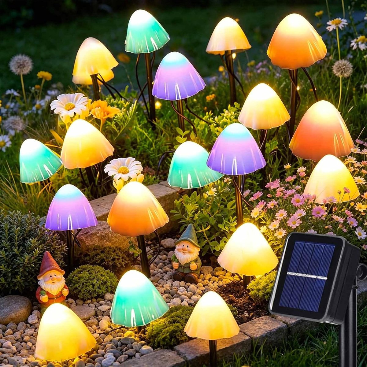 SnelShoppen - Solar Tuinverlichting 5m 20 LED Paddenstoelen Waterproof 2 Verlichtingsmodi voor Oprit, Grond, Patio, Tuin, Huwelijk, Multikleur