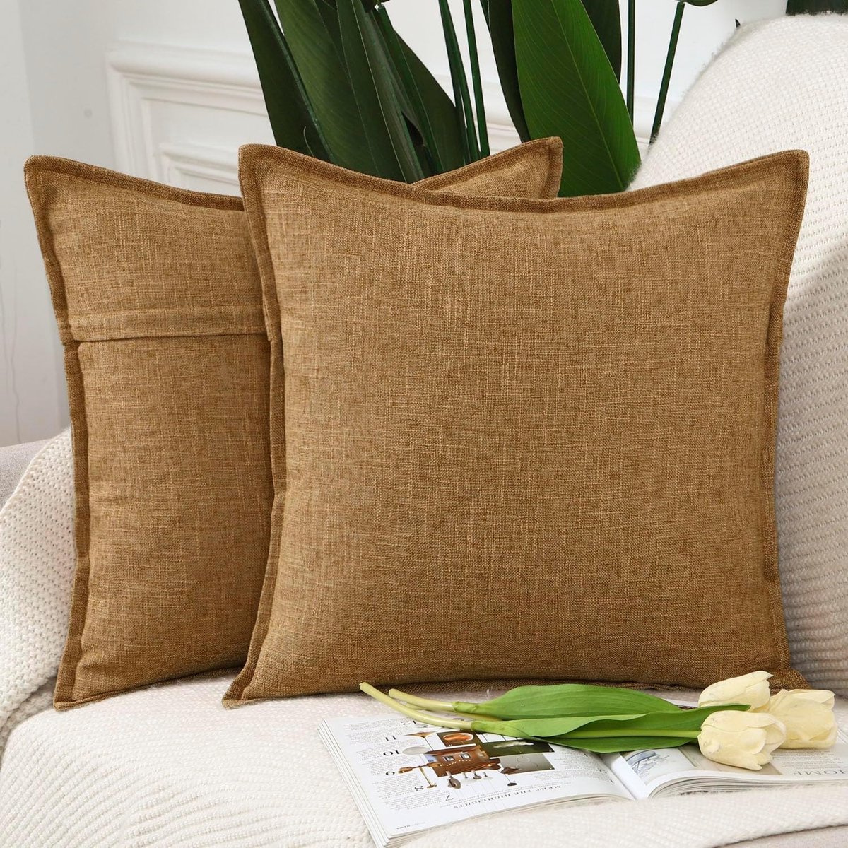 SnelShoppen - Set van 2 Imitatie Linnen Kussenhoezen 45x45cm - Zachte Decoratieve Kussen Covers voor Sofa en Slaapkamer - Gemberkleurig - Duurzaam Pol