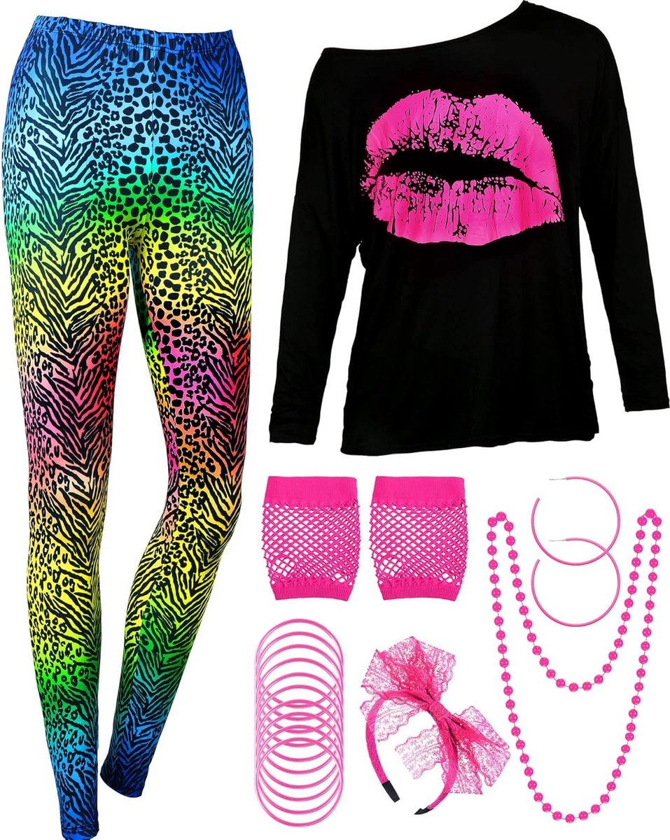 80s Kostuum Set voor Vrouwen met T-Shirt, Broek, Leggings, Sieraden en Handschoenen - Retro Mode, Feestoutfit, Vintage Stijl