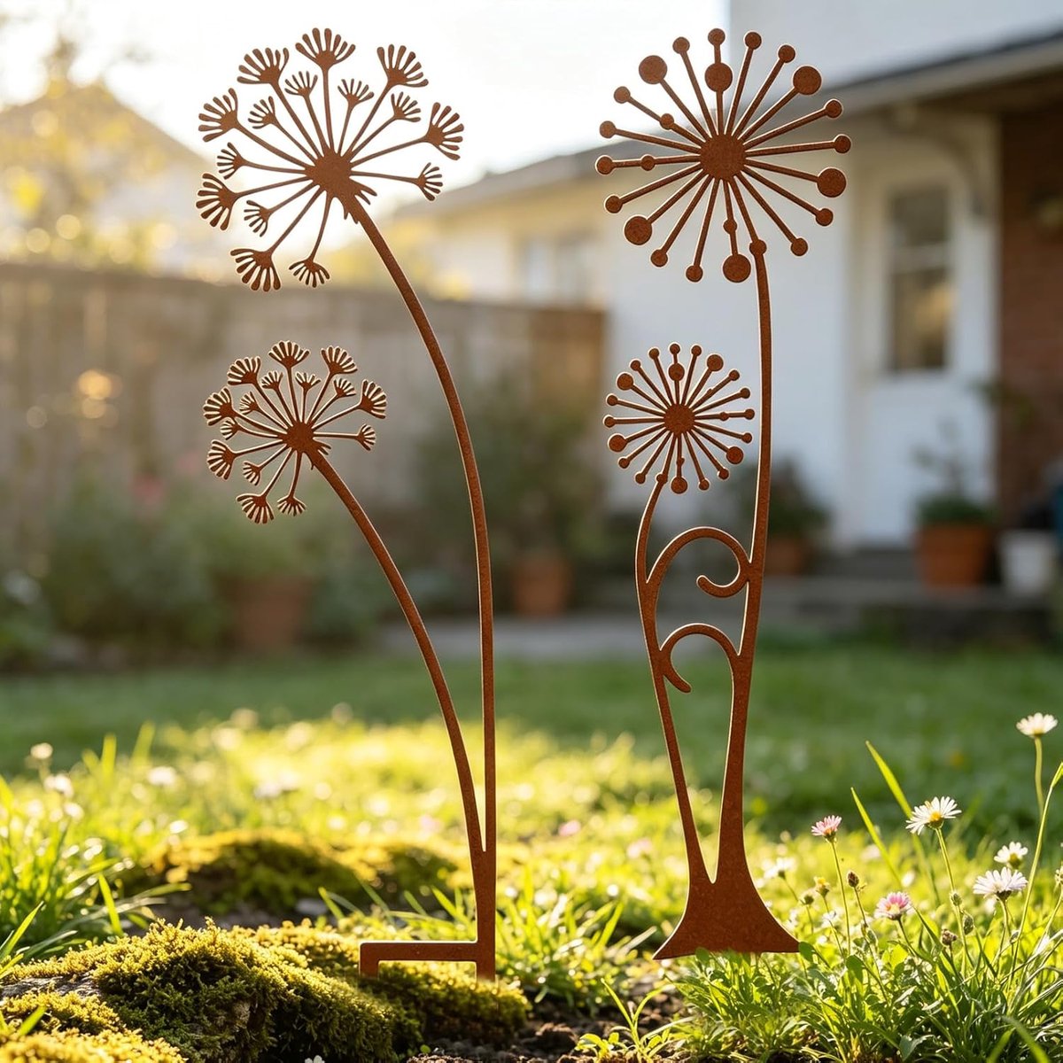 SnelShoppen - Rusty Garden Decoration - Set van 2 Metal Parter Support in Dandelion Vorm - 30 cm - Weerbestendige Tuin Decoratie voor Patio en Balkon