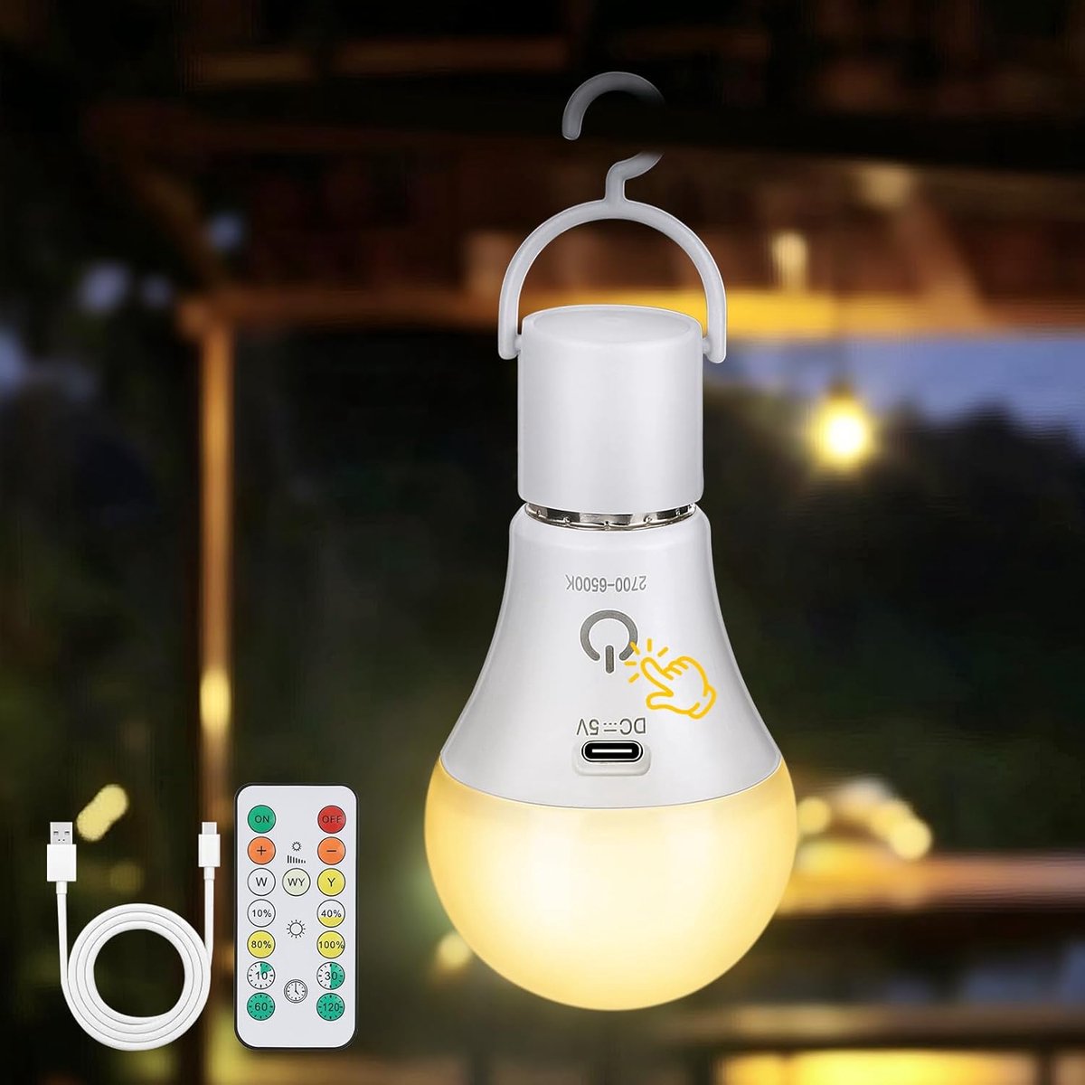 SnelShoppen - Oplaadbare LED Lamp E27 7W met Afstandsbediening - Dimbare Lamp met 3 Kleuren - USB Oplaadbare Lamp voor Buiten, Tuin, Camping, Noodever