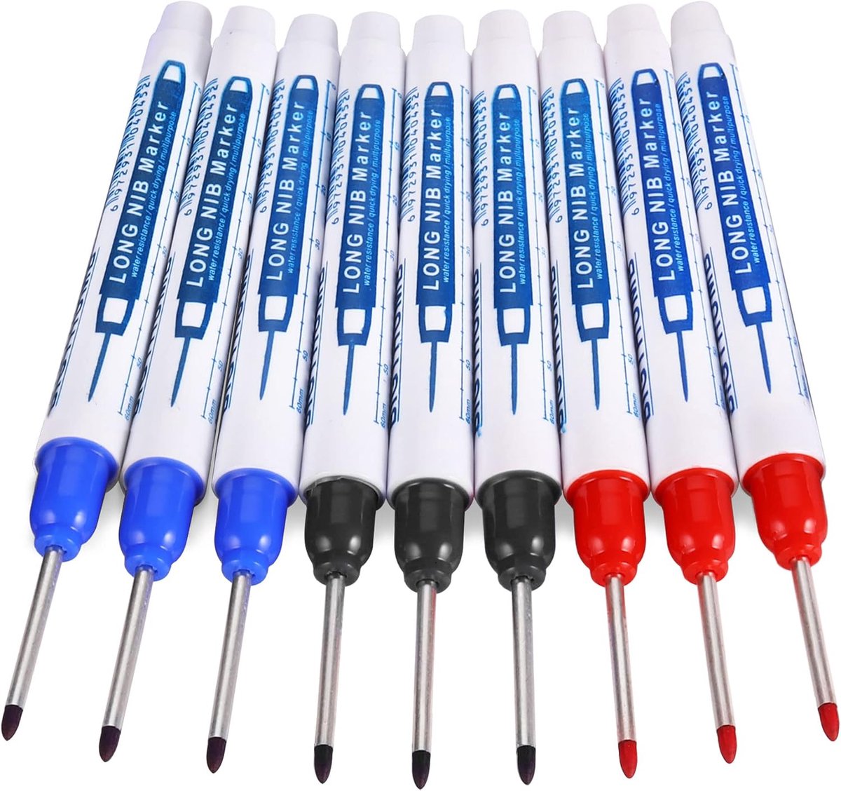 SnelShoppen - Deep Hole Marker 9-delige Set - Houtbewerking Markeerpennen met 30mm Lange Punt - Ideaal voor Moeilijk Bereikbare Gaten - Blauw, Zwart,