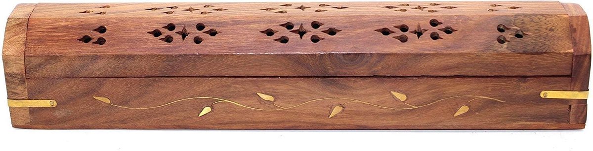 SnelShoppen - Houten Incense Joss Sticks Opbergdoos met Asopvang, Cone Burner en Scheiding, Bruin, 33.8 x 7 x 7 cm voor Thuis en Meditatie