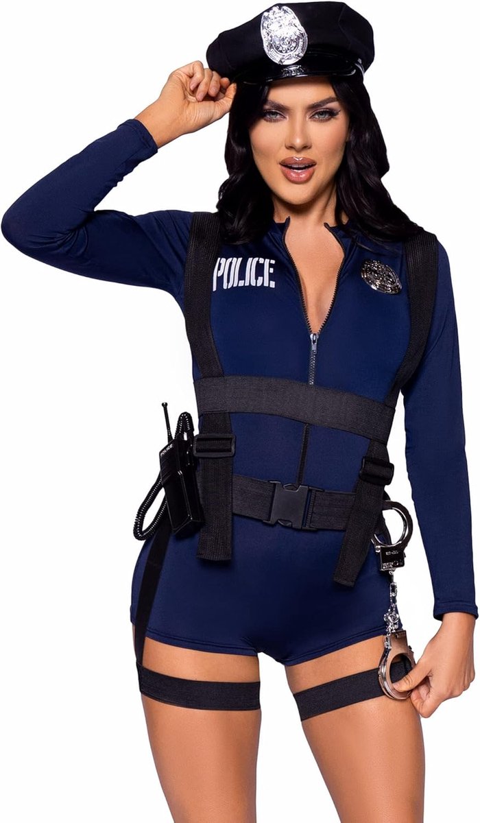 SnelShoppen - 6-delig Politie Kostuum Set voor Dames - Handcuff Hottie met Romper, Zipper, Badge, Tuin Body Harness, Walkie-Talkie, Handboeien en Poli