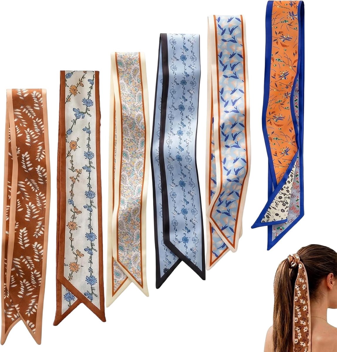 SnelShoppen - 6-delige Zijde Sjaal Set voor Dames, Boho Neckerchiefs in Blauw en Bruin, Multifunctionele Satin Scarves voor Haar, Hals, Pols & Tas, Pe