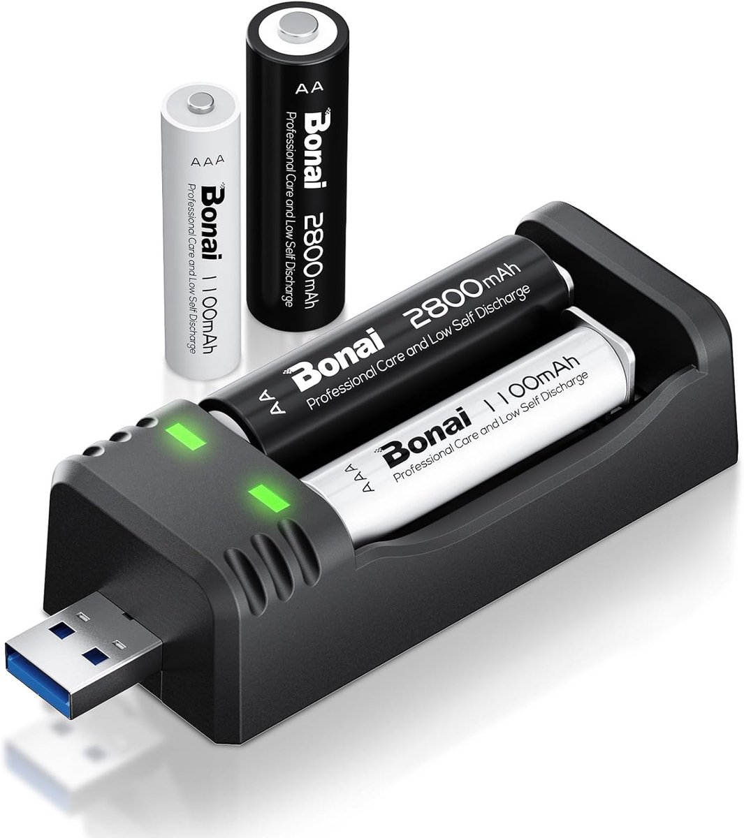 SnelShoppen - Oplaadbare Batterijen AA en AAA, 2x AA 2800 mAh en 2x AAA 1100 mAh, Hoogwaardige Capaciteit met Snellader, USB Oplader voor Thuis, Campi