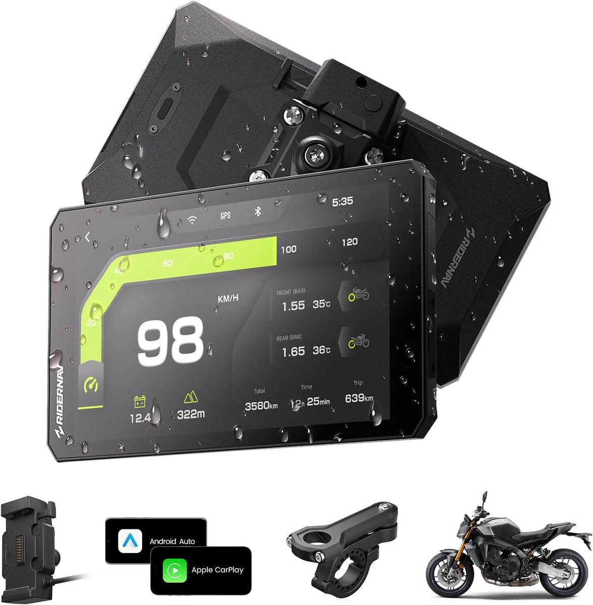 SnelShoppen - R7X Draadloos Motor Scherm 7" voor Apple CarPlay & Android Auto, Quick-Release Houder, 1200 Nits 60fps, IP69K Waterdicht, Universele Ges