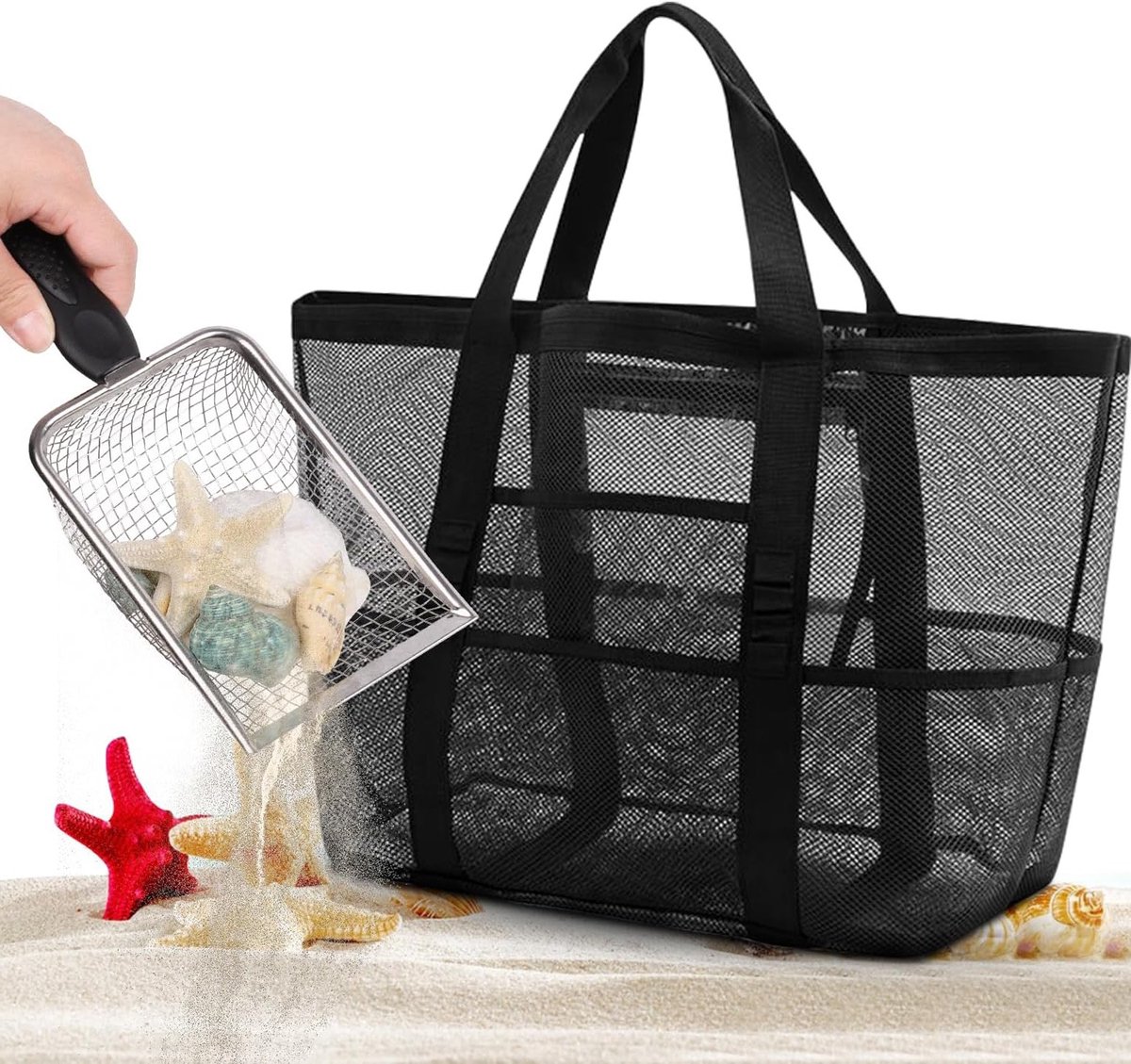 Grote strandtas set met zand speelgoed, netzak en schep voor het verzamelen van schelpen
