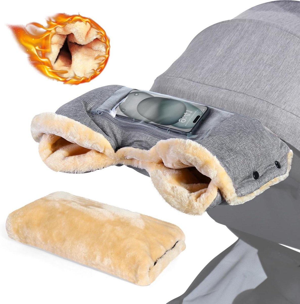 Warme Winterhandschoenen voor Kinderwagens met Faux Wol Fleece, Weerbestendig en Comfortabel, Inclusief Telefoonvak en Stabiele Muff