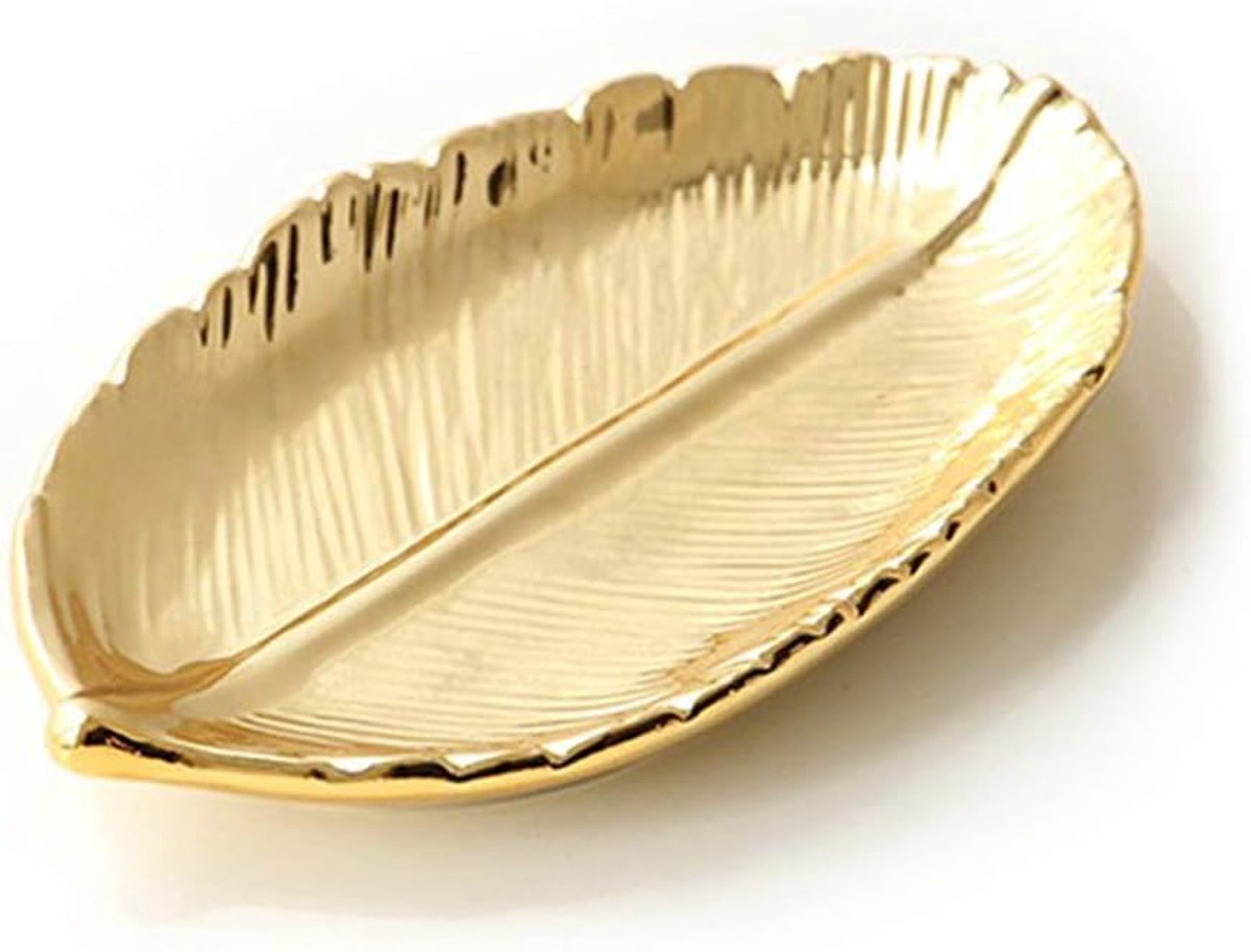SnelShoppen - LEPENDOR Jewelry Flat Holder - Keramische Ring Houder voor Sieraden - Gouden Blad Design - Kleine Juweelhouder Schaal - 15x9 cm