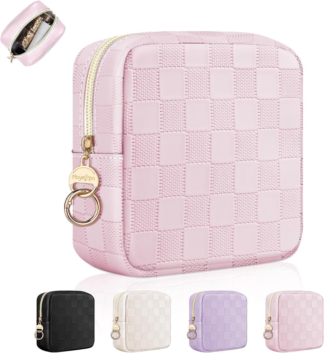 SnelShoppen - Kleine Makeup Tas voor Vrouwen - Cosmetica Opbergtas in Roze Ruitpatroon - Mini Toilettas voor Reizen, Verjaardagscadeau voor Meisjes, V