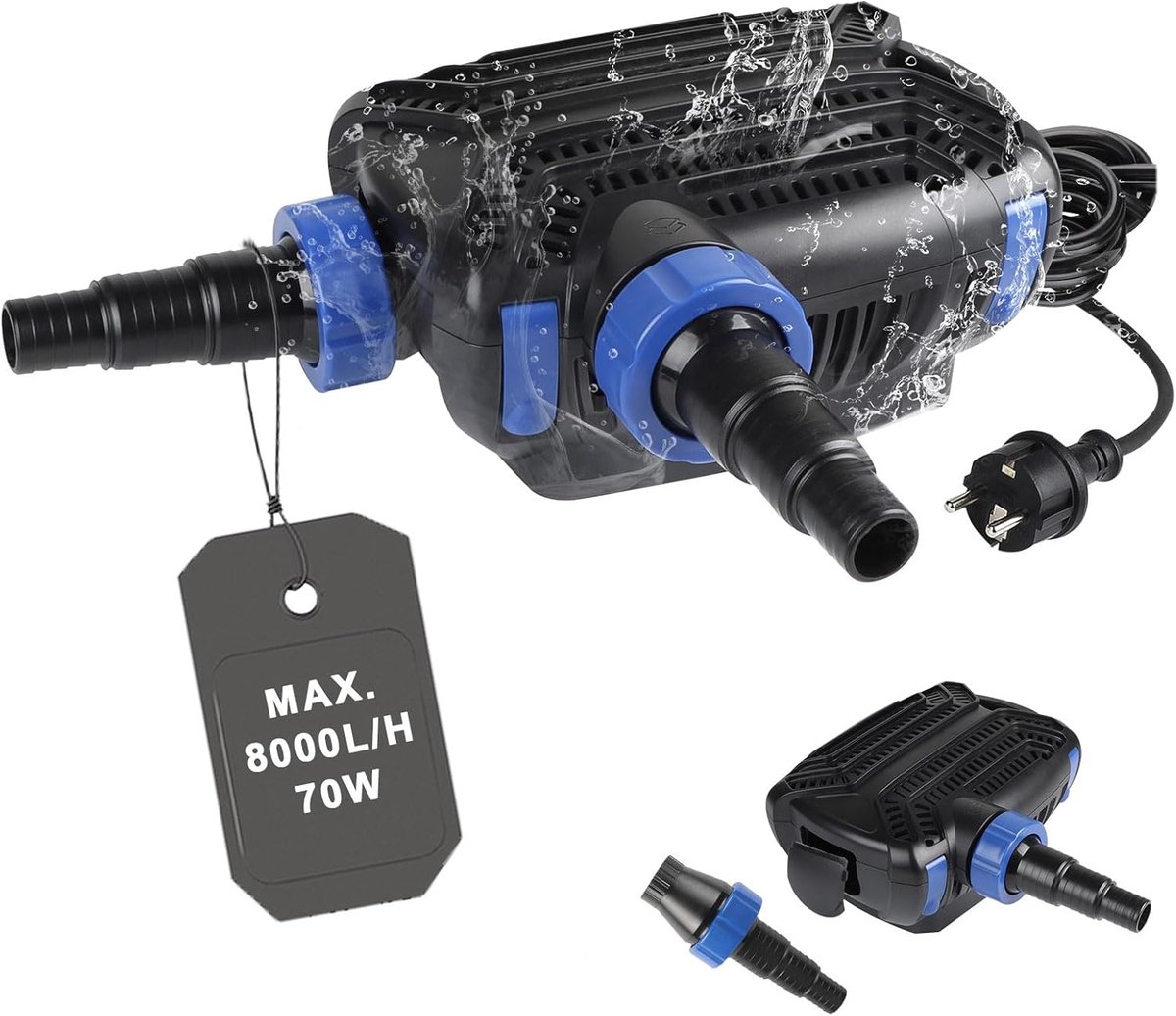 SnelShoppen - Super ECO Waterpomp 70W Max 8000L/H voor Tuin, Aquarium, Fontein, Energiezuinig, 10 m Kabel, Inclusief Filter, Ideaal voor Zwembad en St