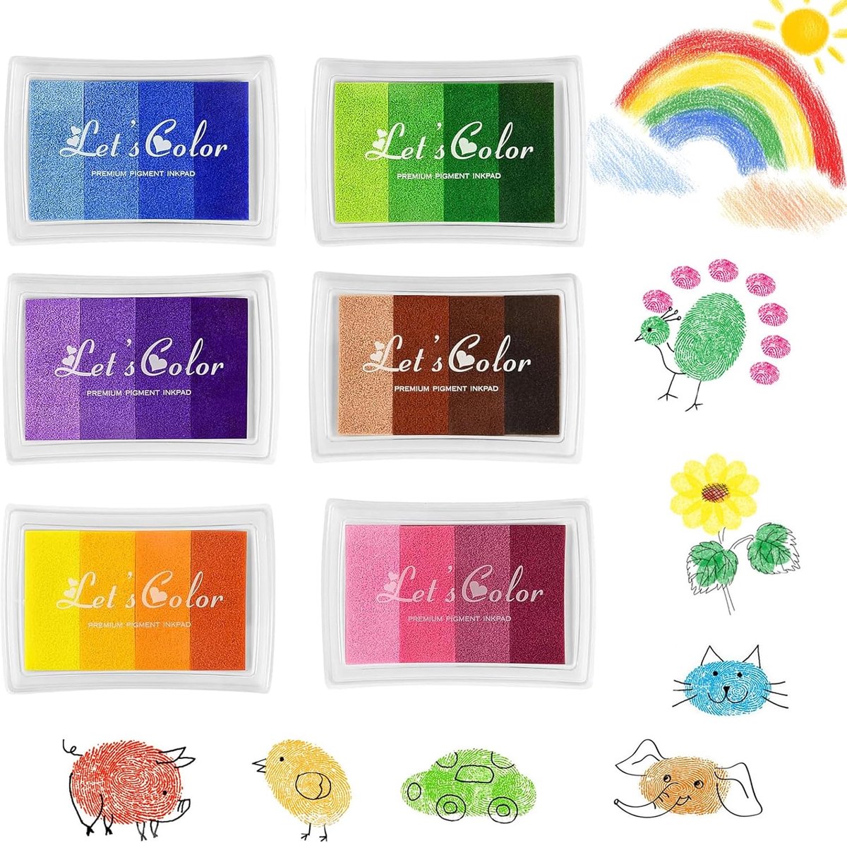 Thijox - 6 Stuks Stempelkussens Set - 24 Kleuren Vingerafdrukken - Niet Giftig & Afwasbaar - Perfect voor Papierhandwerk, Stoffen Schilderen, DIY Crea