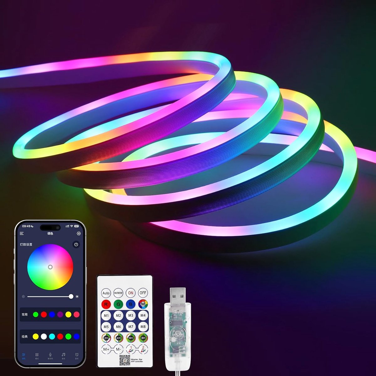Thijox - 5m RGB IC Neon LED Strip Waterdicht USB LED-Strip met App, Dynamische Kleuren, Muzieksynchronisatie, Adresseerbare LED-tape voor Sfeerverlich