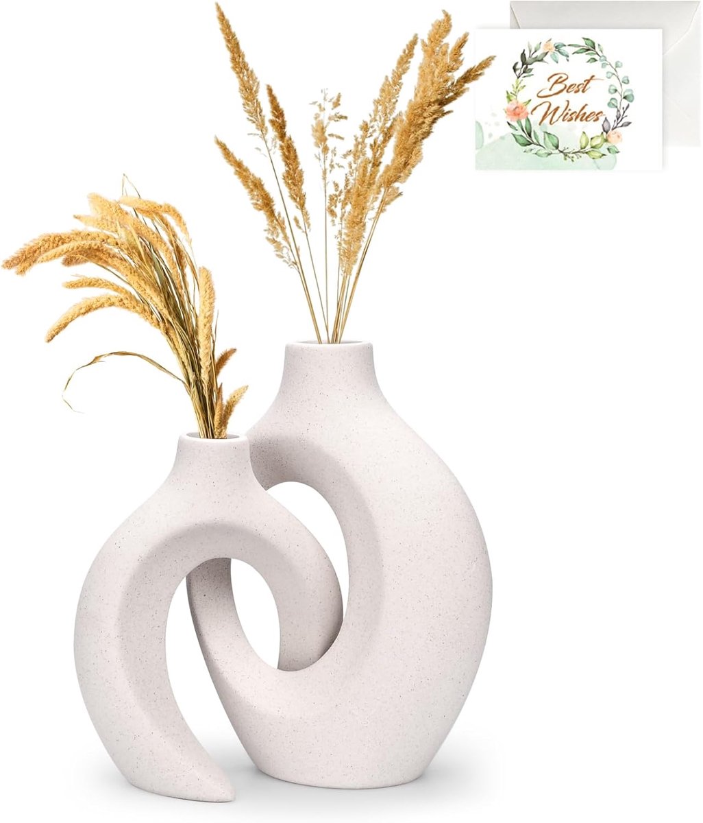 SnelShoppen - Set van 2 Keramische Vazen - Witte Bloemenvaas met Uniek Ontwerp - Moderne Tafeldecoratie voor Huiskamer, Feesten en Bruiloften