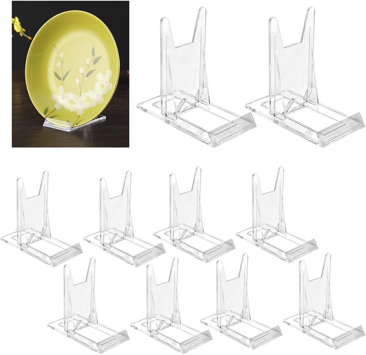 SnelShoppen - 10 Transparante Acryl Bordenstandaarden - Verstelbare Kunststof Standaard voor Foto's, CD's, Retro Spelconsole, Decoratie 11,2 x 6 x 10,