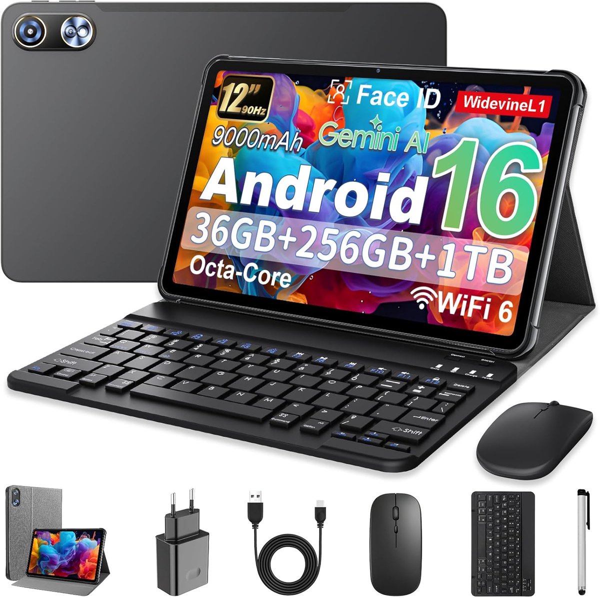 SnelShoppen - 12 Inch Android 16 Tablet met Gemini AI, 36GB RAM, 128GB ROM, 1TB TF, 1920x1200 HD Display, 8MP + 20MP Dual Camera, Keyboard, Mouse & St