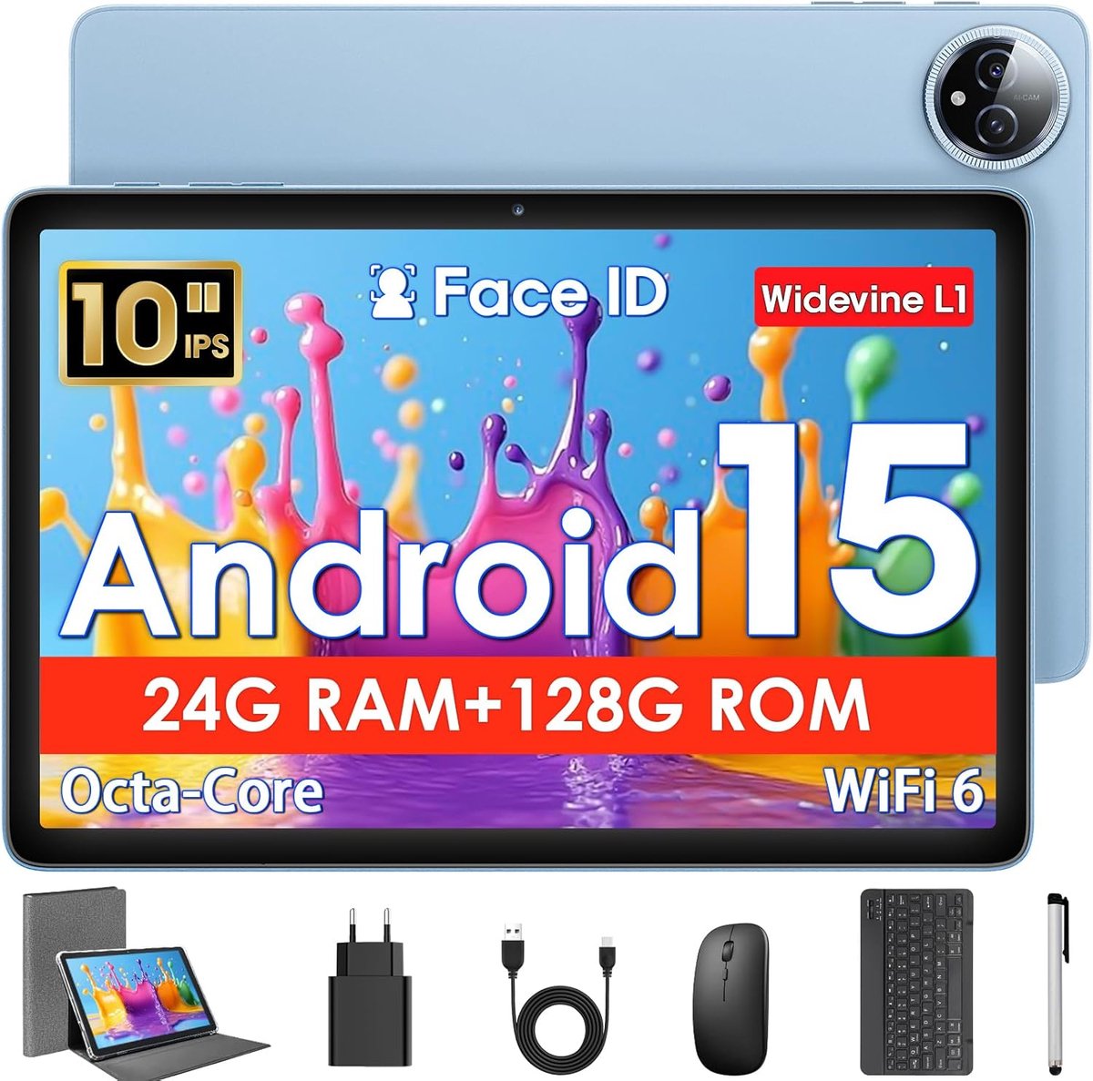 SnelShoppen - Tablet 10 Inch Android 15 met Hoes, Muis & Toetsenbord, Octa-Core, 24 GB RAM, 128 GB ROM, 1 TB TF, 1280x800 HD IPS, Dual Camera, 6000 mA