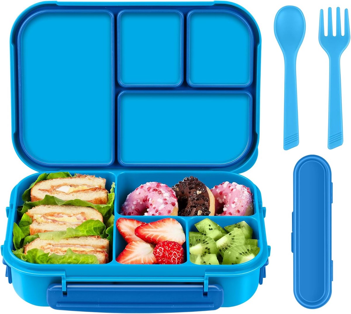 SnelShoppen - Lunch Box Volwassenen/Kinderen, Bento Box 1200ML met 4 Compartimenten, Lekvrije Lunch Box, Snackbox Sandwich Box, Herbruikbaar (Blauw)
