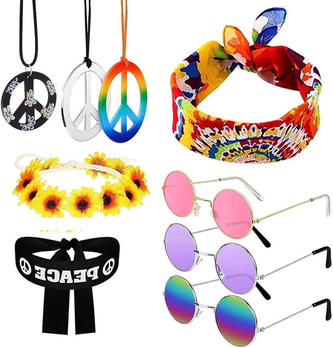 Retro hippie kostuumset met ronde zonnebril, vredessymbool ketting, zonnebloem ketting en kleurrijke hoofdband voor 70s en 80s themafeesten, perfect voor mannen en vrouwen