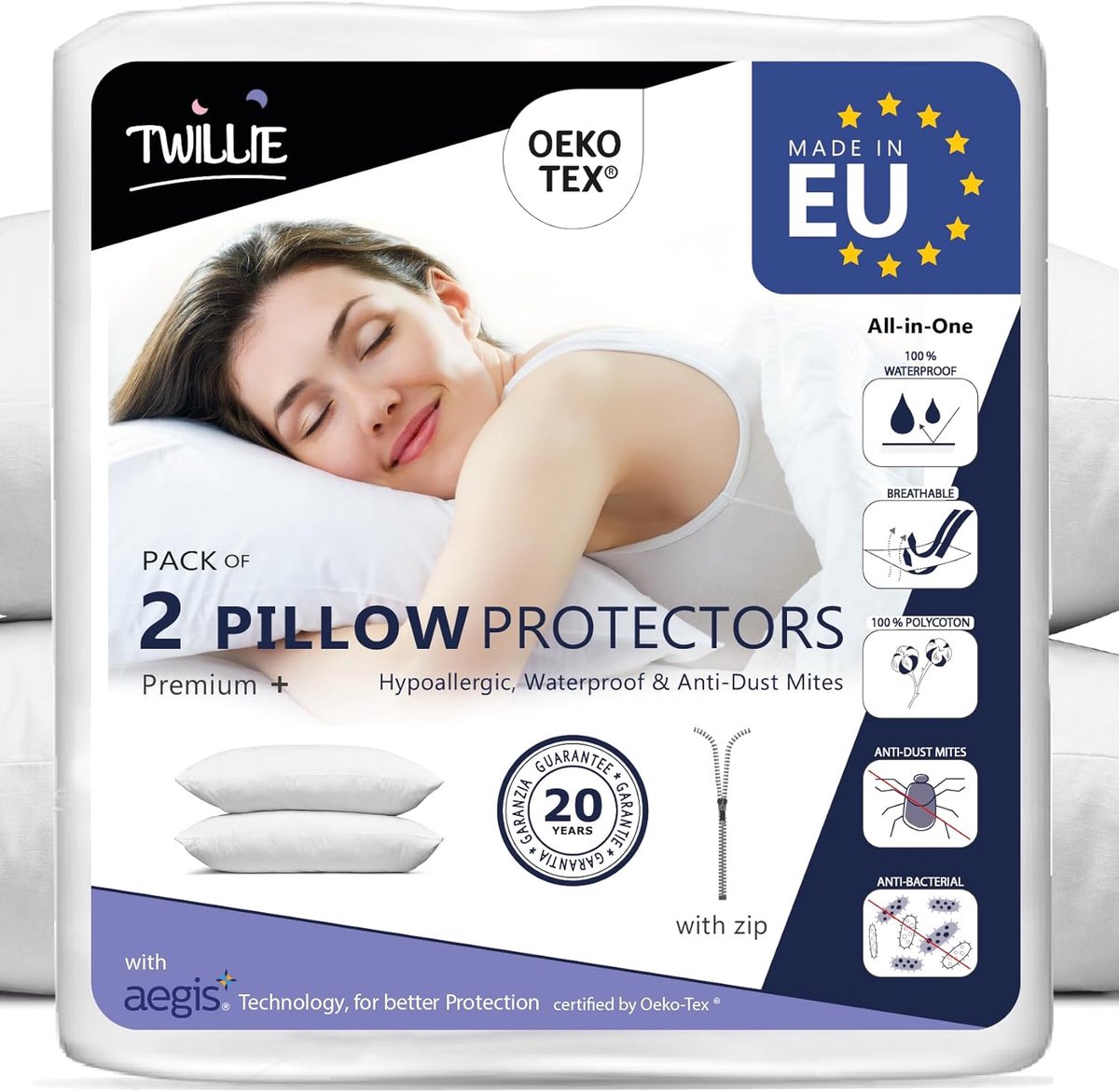 SnelShoppen - Twillie Kussenbeschermers 30x50 cm - Waterproof, Ademend, Hypoallergeen, Antibacterieel - 2 Stuks Oeko-Tex Gecertificeerd - 100% Polycot