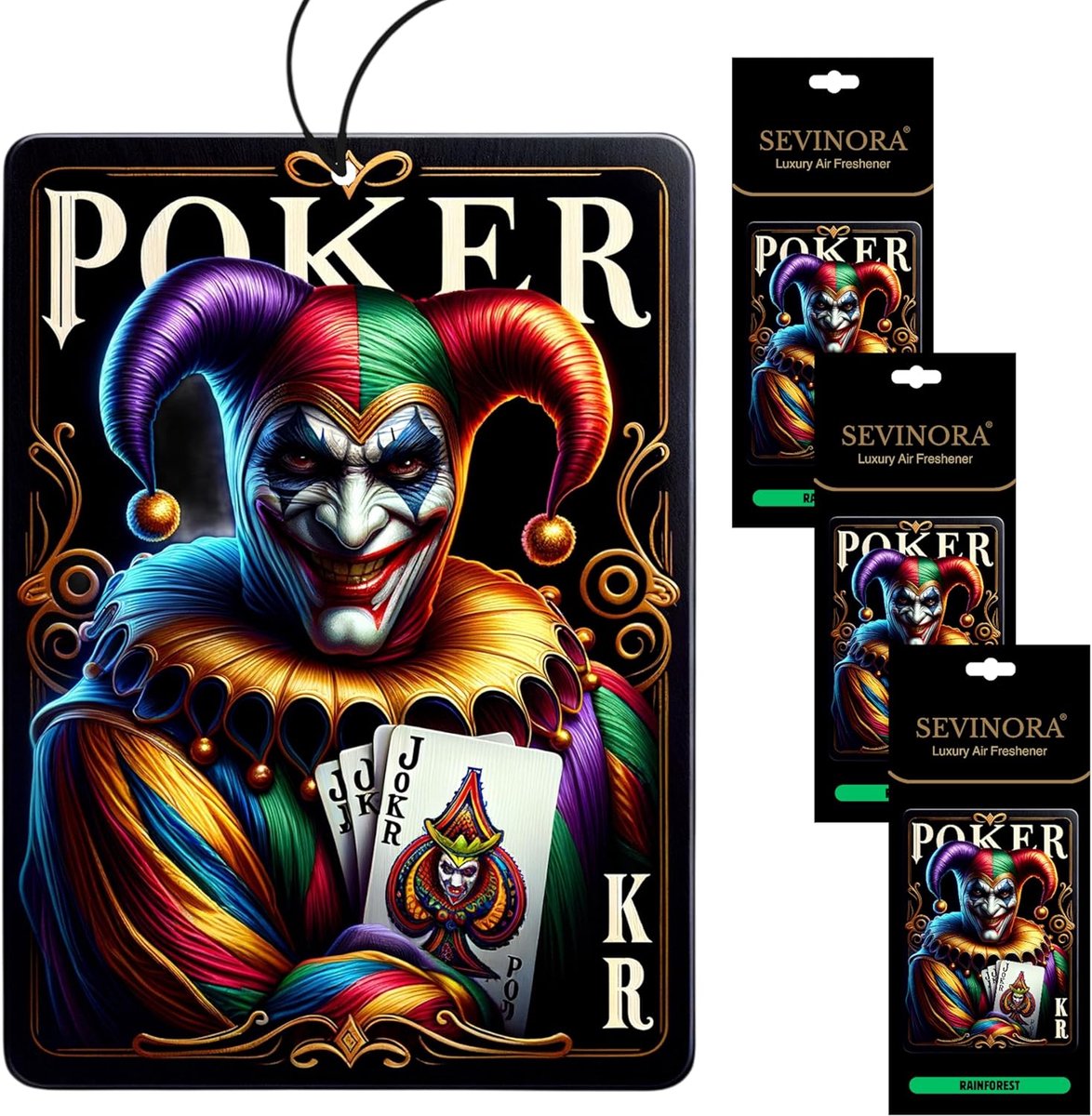 SnelShoppen - Fragrance Tree Auto Luchtverfrisser - Poker Joker Motief met Regenwoud Geur - Hoogrendement Geurhanger Zwart - Set van 3
