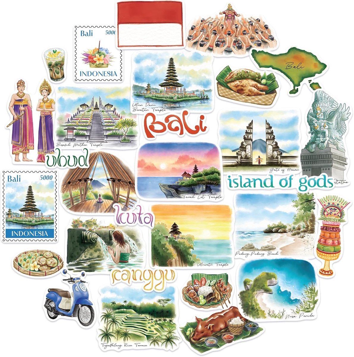 SnelShoppen - Navy Peony Spiritual Bali Travel Stickers - 29 Stuks - Scrapbook Stickers, Journals, Reizen, Herinneringen, Creatief, Kleur: Blauw, Acce