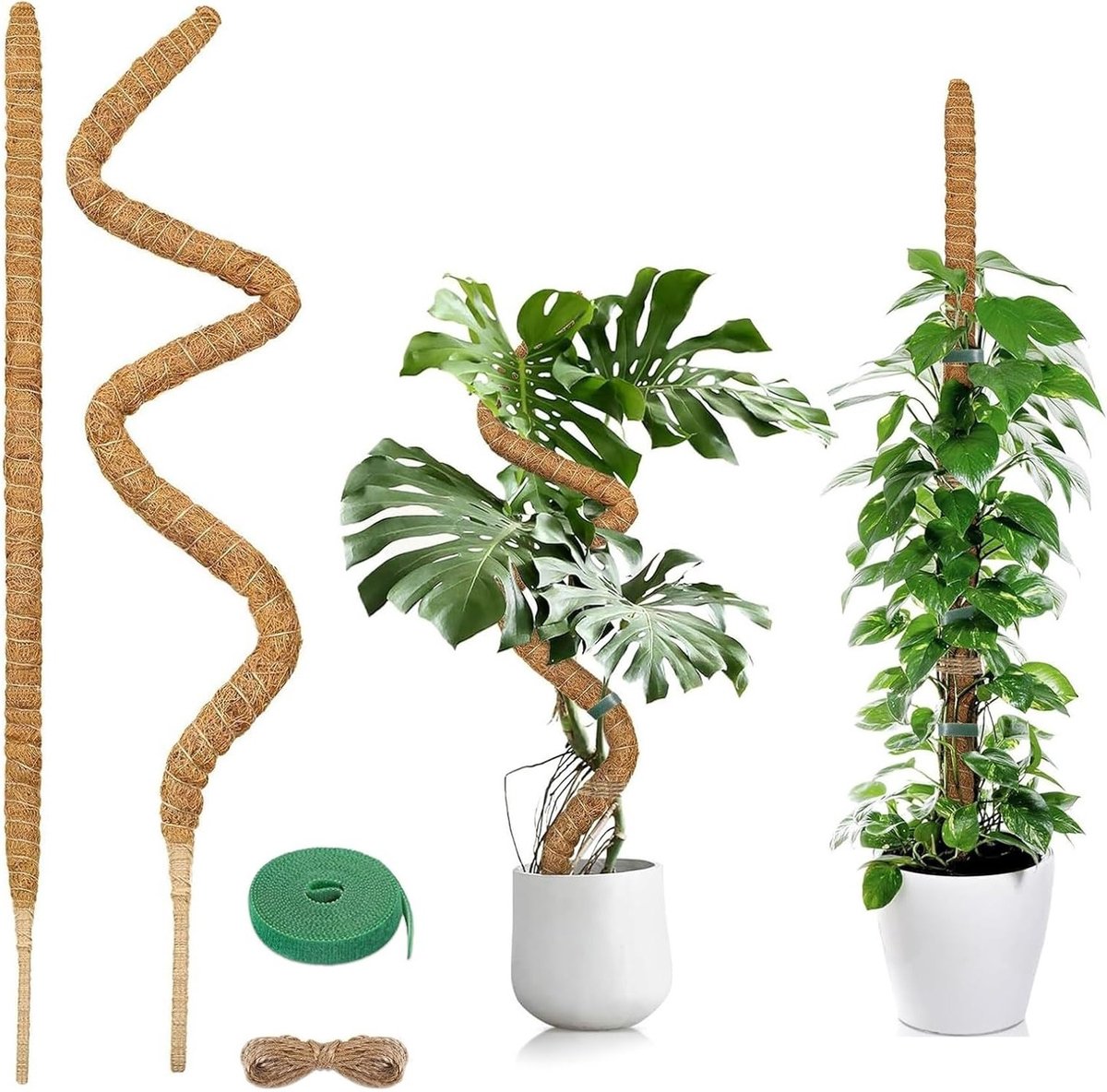 Moss Stokken voor Klimplanten, 2-Pack 120cm Buigbare Kokosplantsteunen voor Monstera en Andere Kamerplanten met Tuinband en Jute Touw