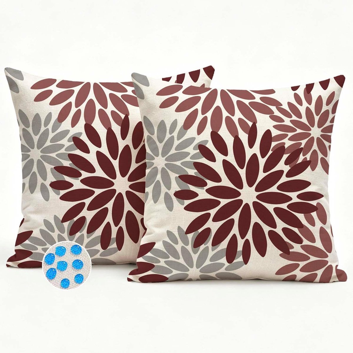 SnelShoppen - 2x Waterdichte Decoratieve Kussenhoezen 45x45 cm Rood Grijs voor Tuin Balkon Patio Sofa en Woonkamer - Modern Rustiek Dahlia Motief