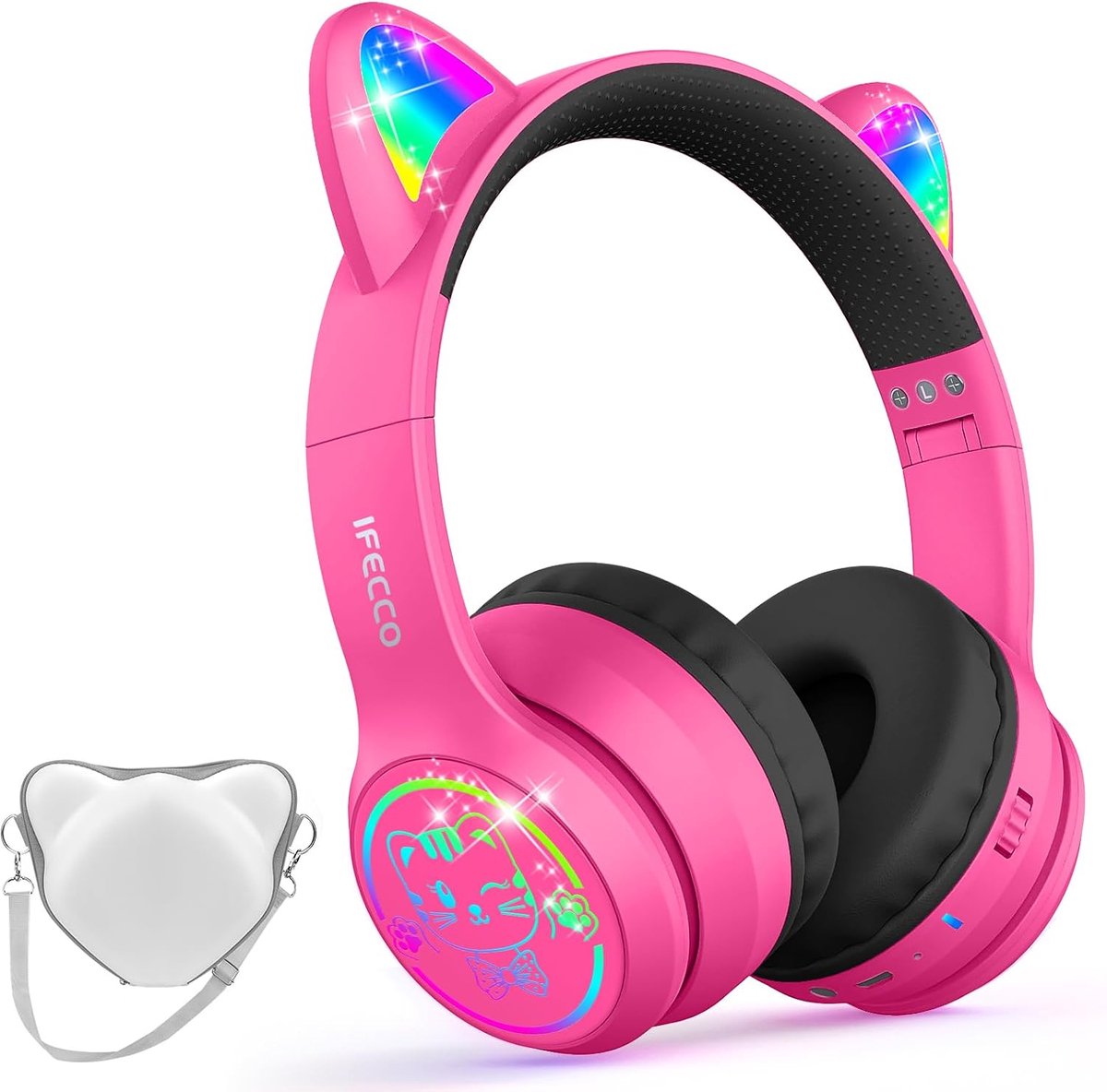 SnelShoppen - Draadloze Hoofdtelefoon voor Kinderen met Kattenoren, LED-verlichting, Comfortabele Oorkussens, Geschikt voor iPad/Tablets/Smartphones,