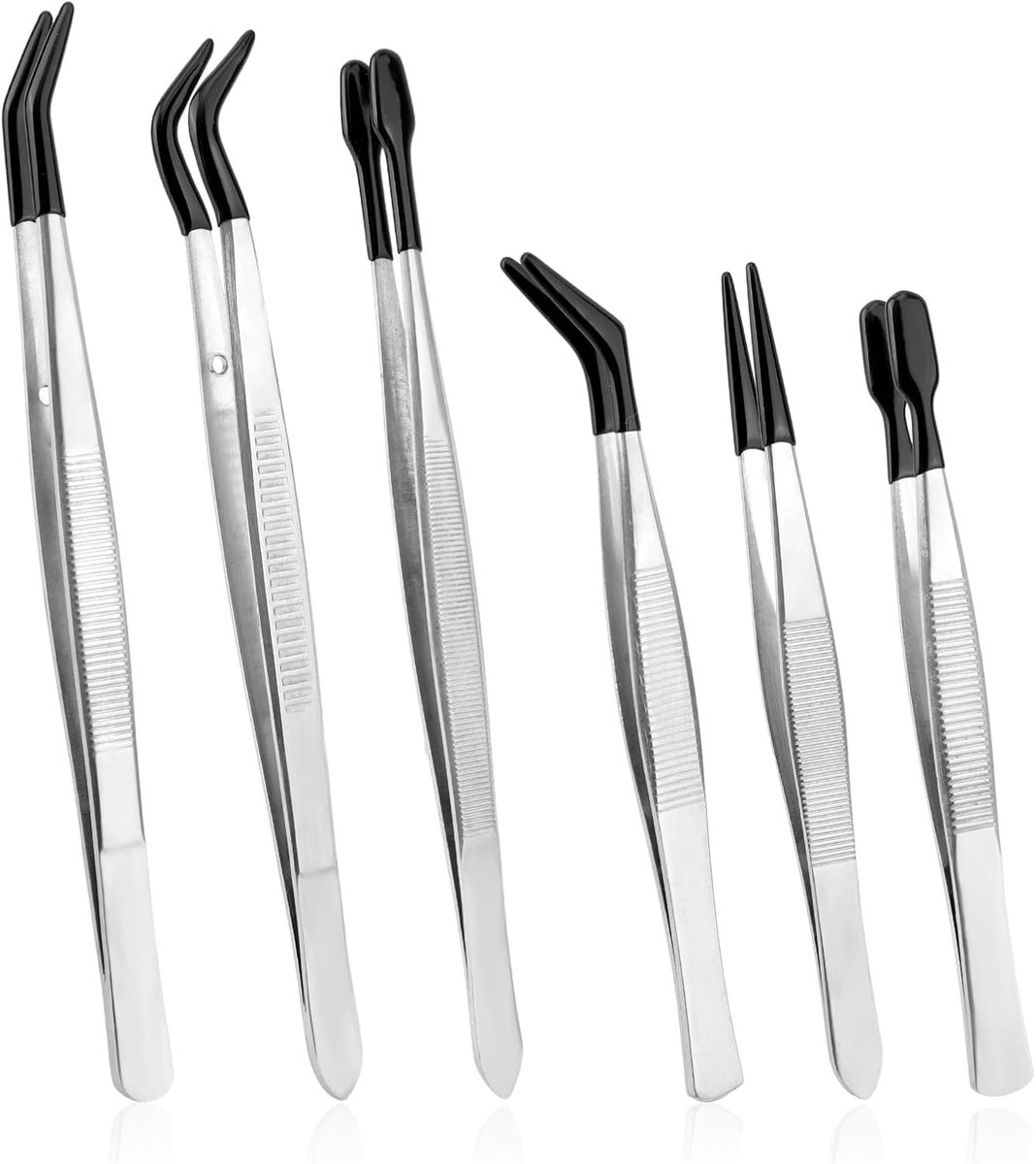 Thijox - 6st Rubber Punt Pincet Set, RVS Precisie Pincetten Anti-Statisch Fijnpunt Plat & Gebogen Punt voor Sieraad Maken, Handwerk, Elektronica, Mode