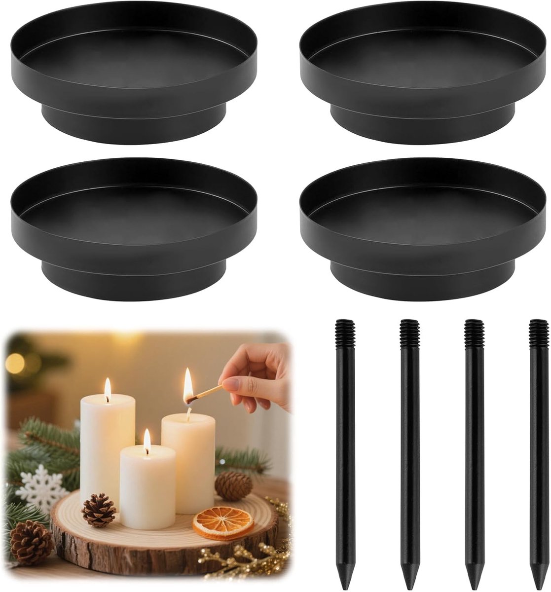 Thijox - 4 Stuks Adventskrans Kandelaar - 2-in-1 Kaarsenhouder - Metalen Staafkaarsenbord - 8 cm Afneembare Kaarsensteker - Vintage Decor voor Diner e