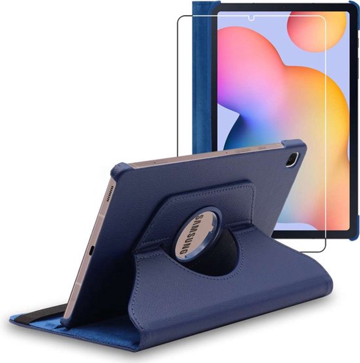 ebestStar - Hoes geschikt voor Samsung Galaxy Tab S6 Lite 10.4 P610 P615 (2022, 2020), Roterende Etui, Case, 360° Draaibaar hoesje, Donkerblauw + Gehard Glas