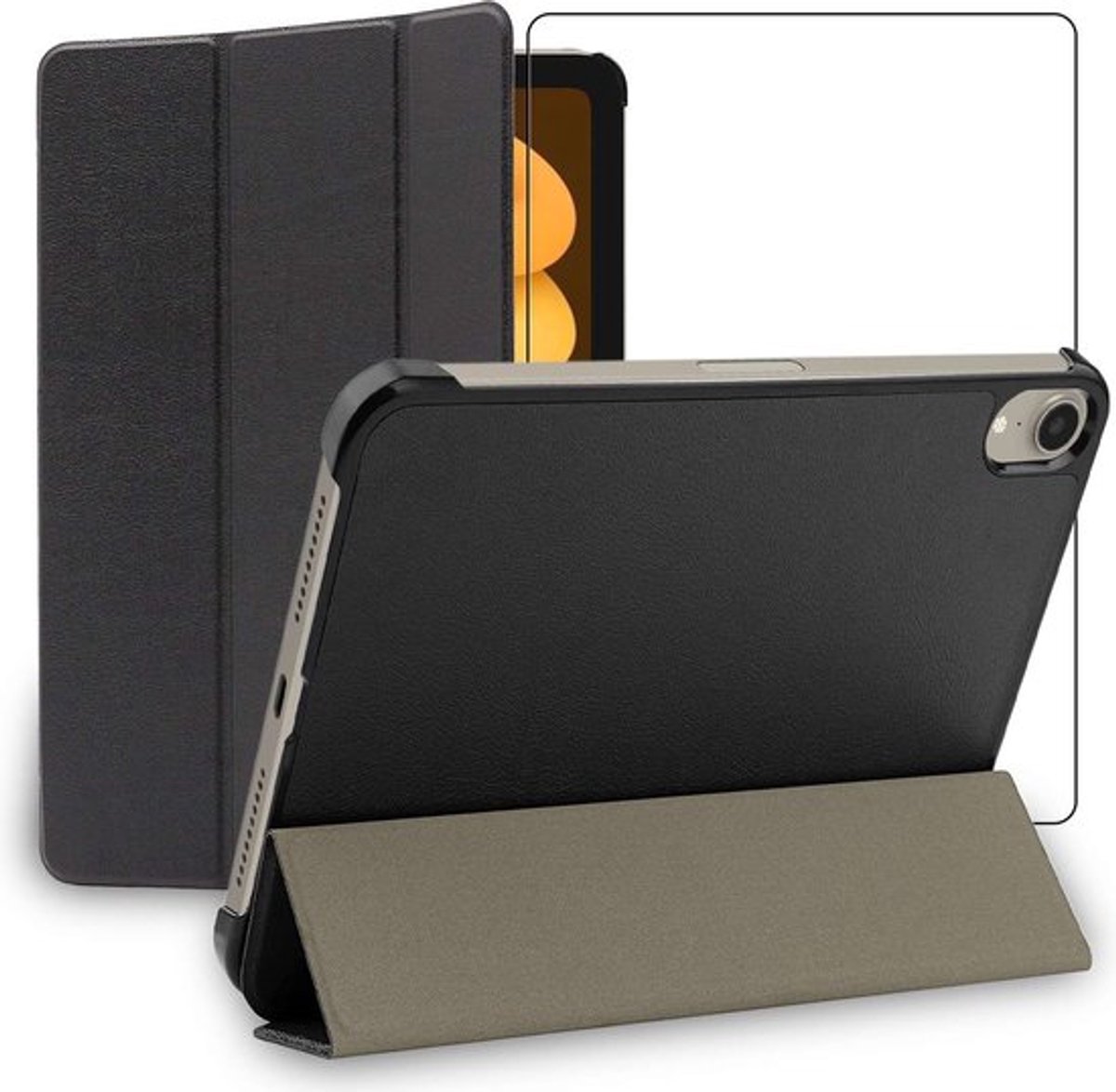 ebestStar - Hoes geschikt voor iPad mini 2021 8.3'' (6 gen) Apple, Slanke Design PU Lederen Etui, Automatische Slaap/Wake, SmartCase hoesje, Zwart + Gehard Glas